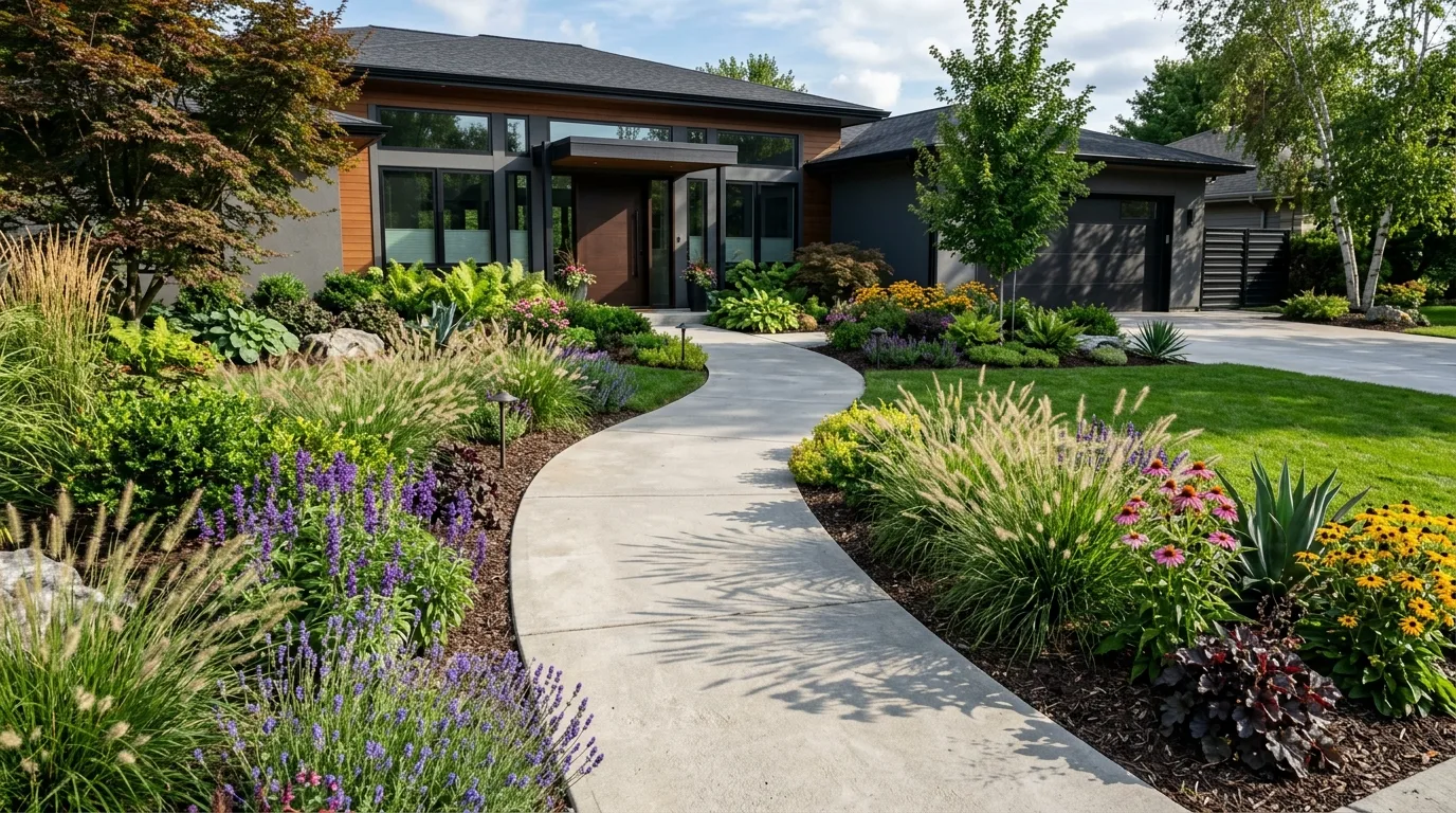 Front Yard With White Stone and Shrubs
